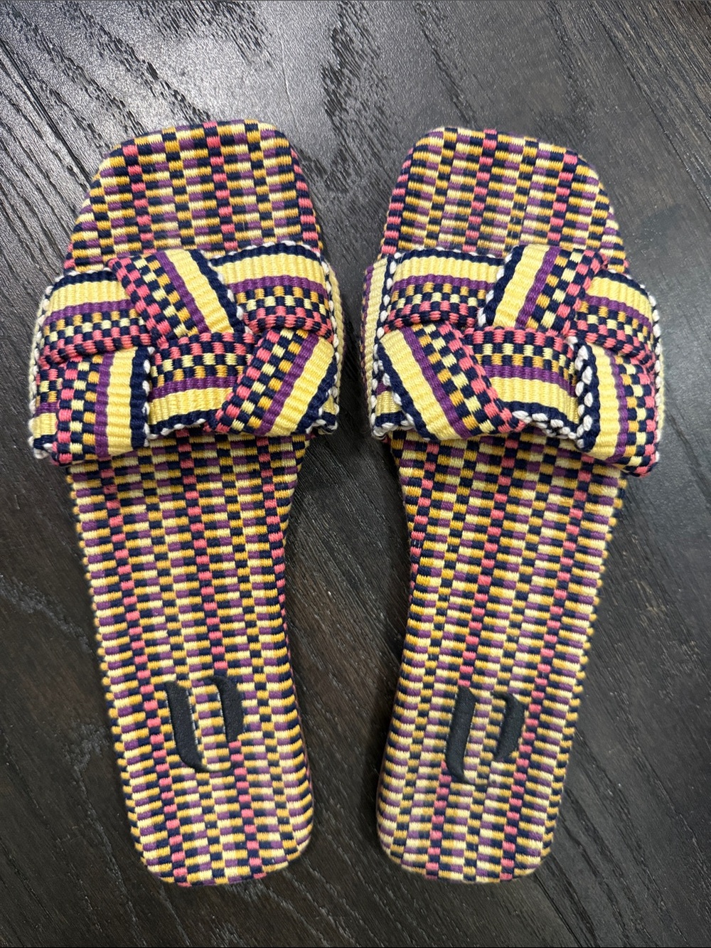 Amambaih Woven Slide Sandals in Yellow, Pink, Purple & Navy